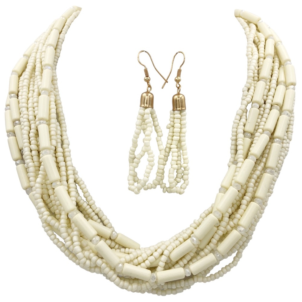 Ivory Cream Layered Seed Bead Necklace Earring Set